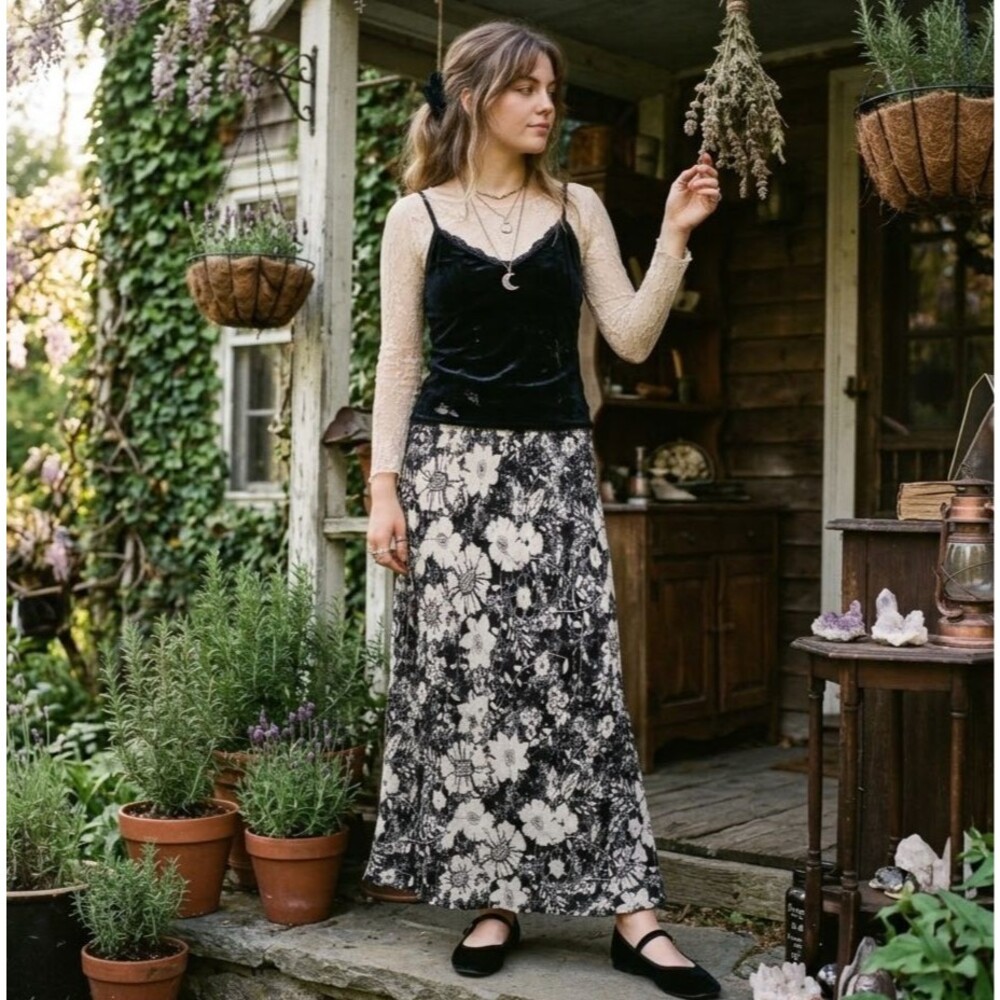 J Jill Silk Ruffle Hem Maxi Skirt Womens Sz M Black Floral Lined Elastic Waist